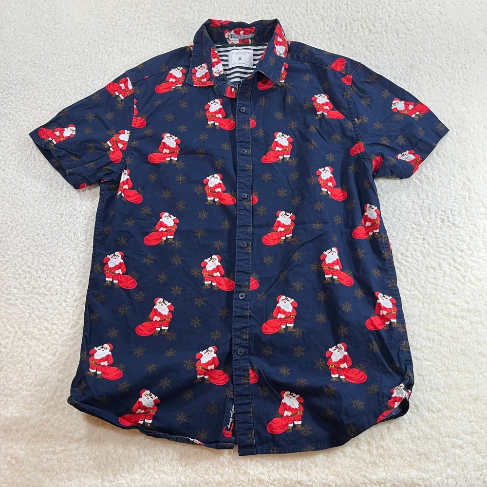 Denim & Flower Button Down Shirt Mens Medium Blue Santa Snowflake Ricky Singh